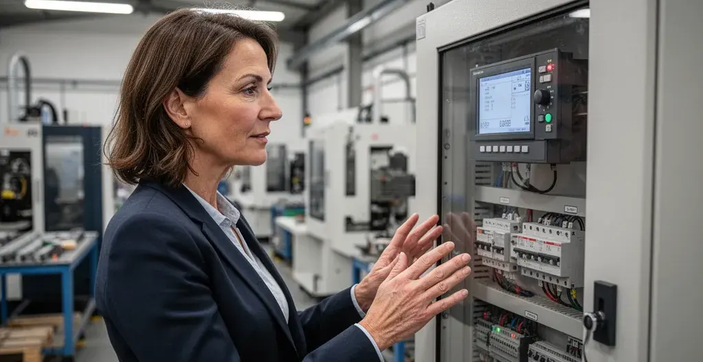 Responsable industrielle observant compteur électrique (accise électricité)