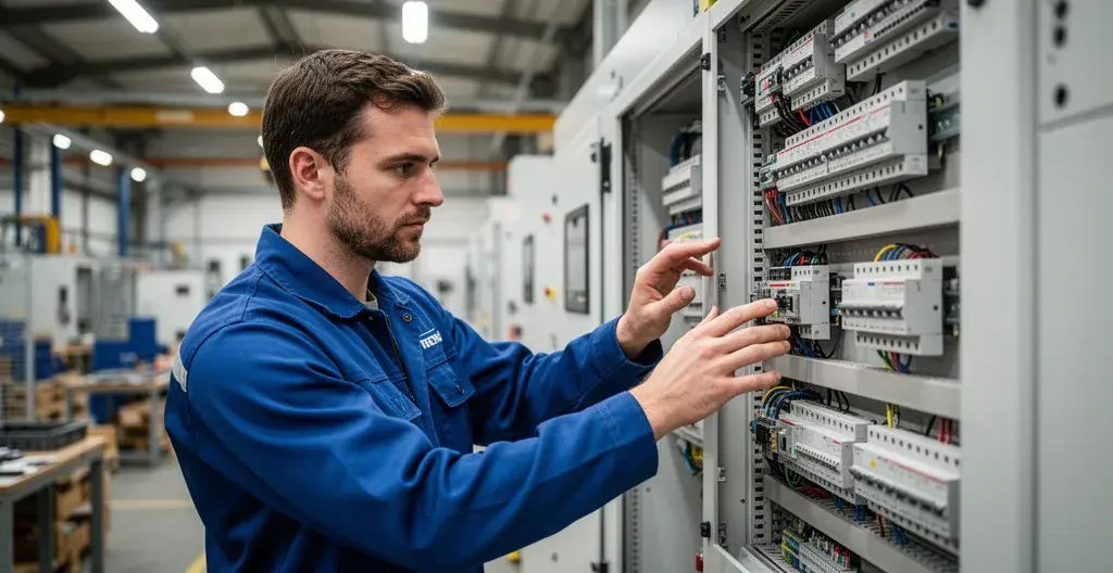Technicien vérifiant installation électrique industrielle pour optimisation fiscale