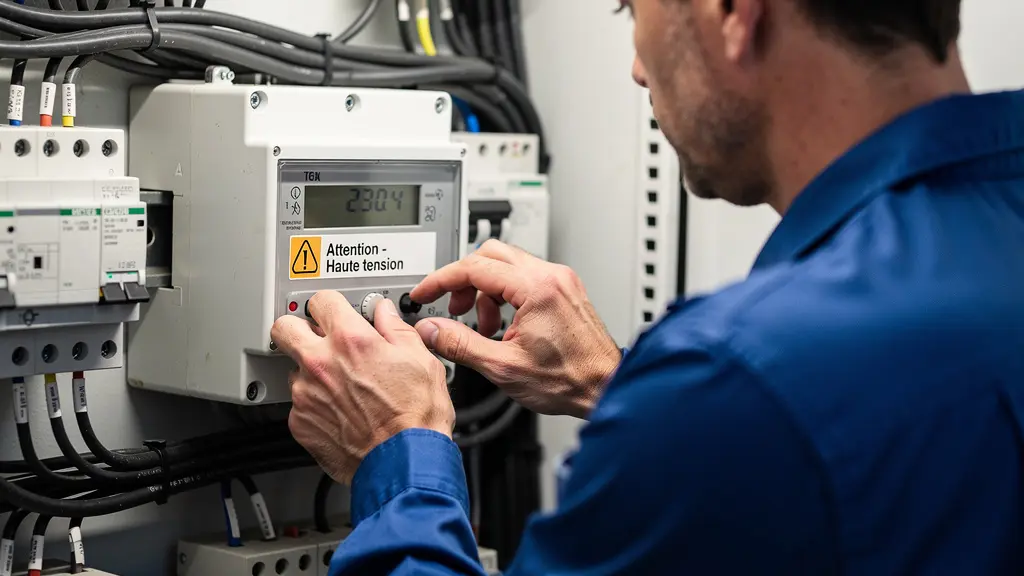 Technicien inspectant un compteur électrique industriel pour optimiser les taxes énergie
